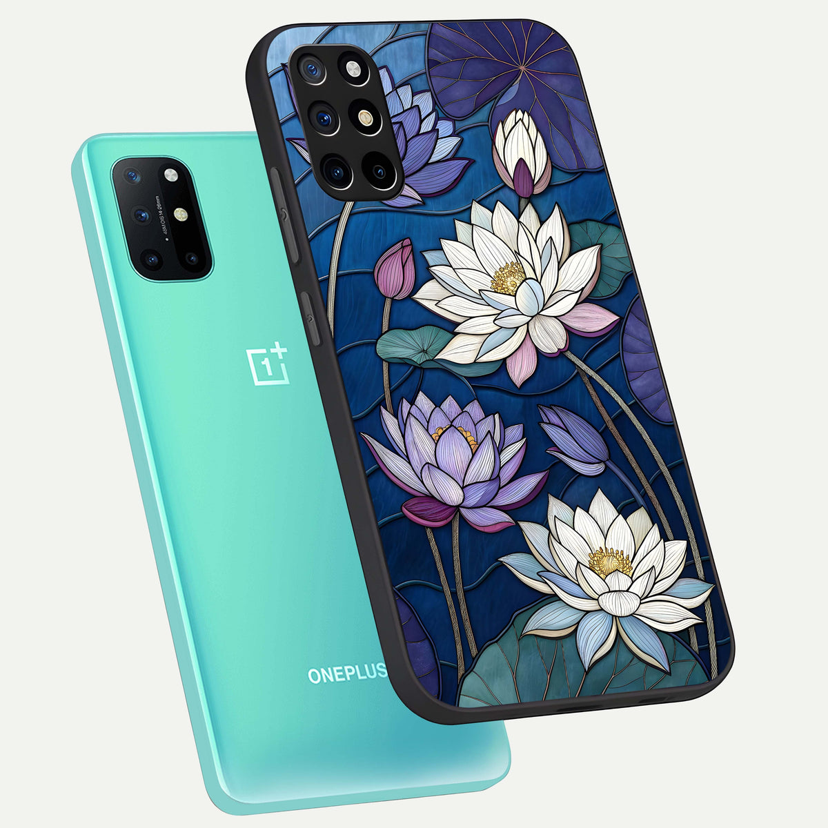  Purple Lotus Stained phone case For OnePlus 8T showing premium glass back cover with detailed artwork