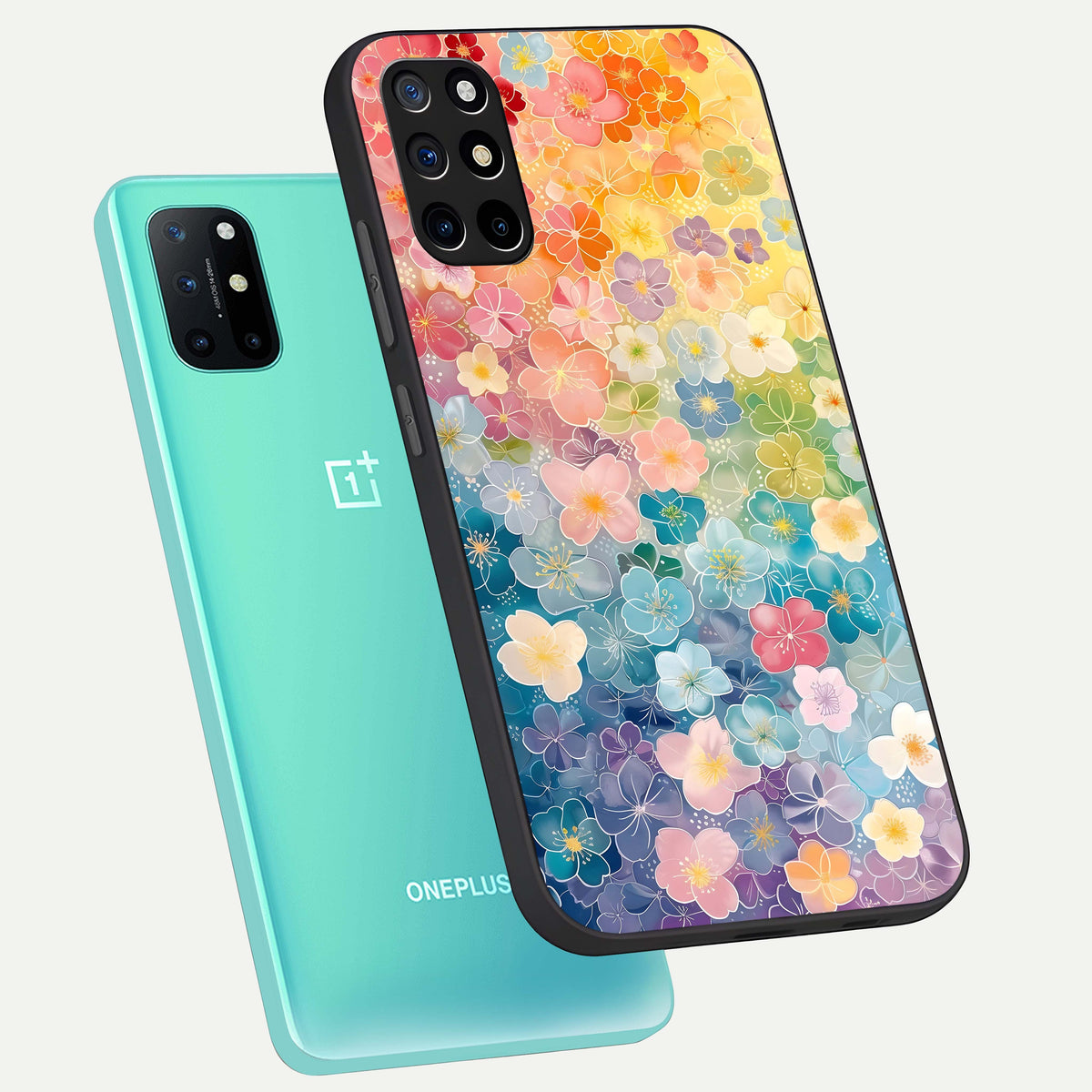  Rainbow Blossom Burst phone case For OnePlus 8T showing premium glass back cover with detailed artwork