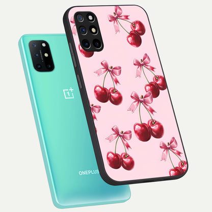  Red Cherries Pattern phone case For OnePlus 8T showing premium glass back cover with detailed artwork