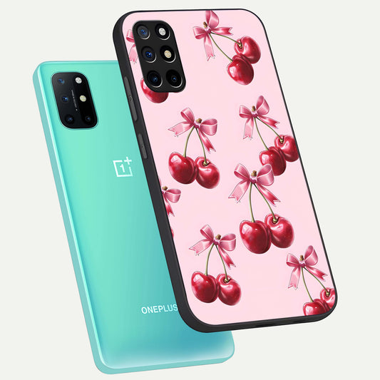  Red Cherries Pattern phone case For OnePlus 8T showing premium glass back cover with detailed artwork