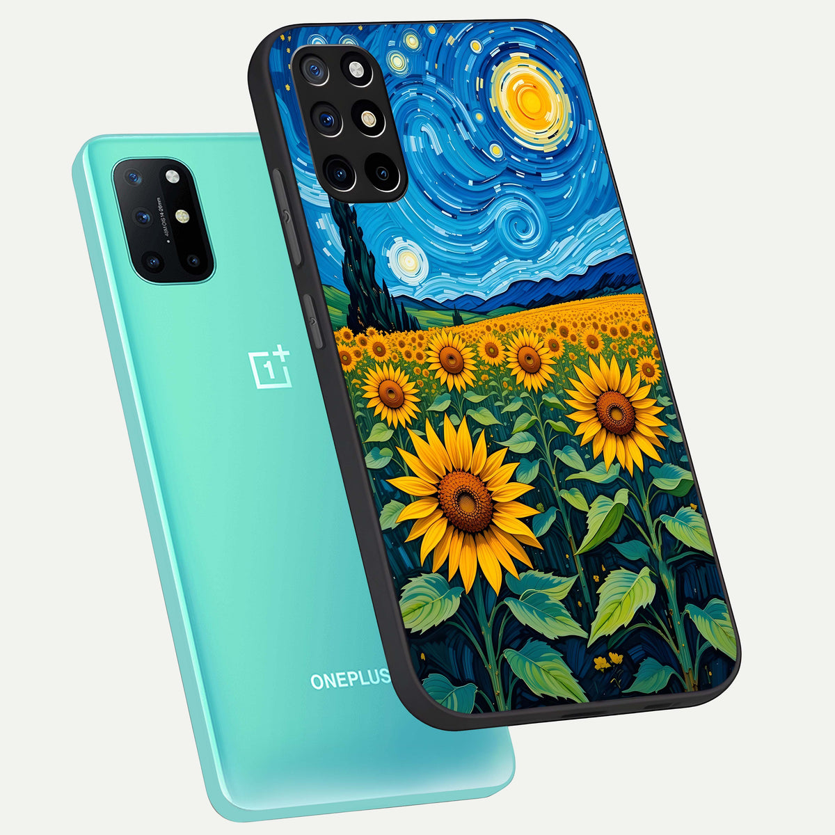  Starry Sunflower Dreams phone case For OnePlus 8T showing premium glass back cover with detailed artwork