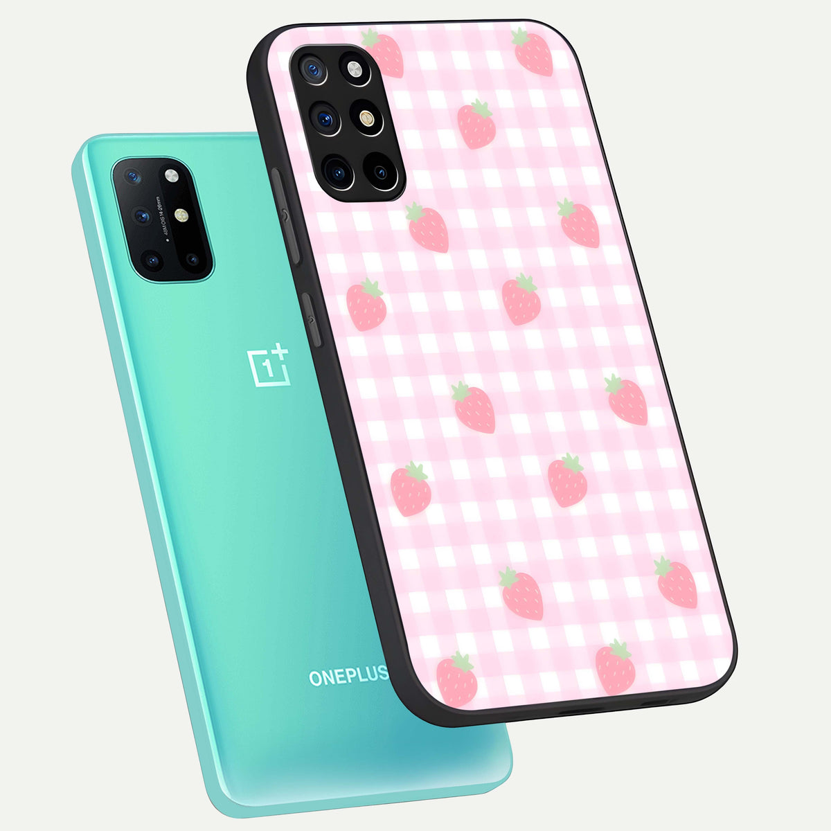  Strawberry Picnic Love phone case For OnePlus 8T showing premium glass back cover with detailed artwork