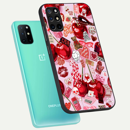  Sweet Cherry Chaos phone case For OnePlus 8T showing premium glass back cover with detailed artwork