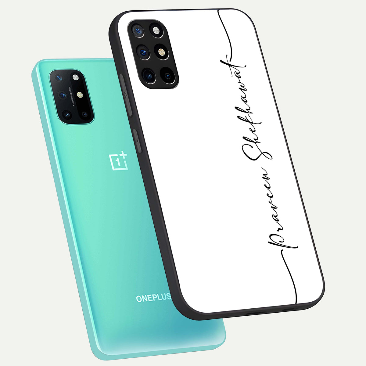  White Tune Custom Name phone case For OnePlus 8T showing premium custom name glass back cover