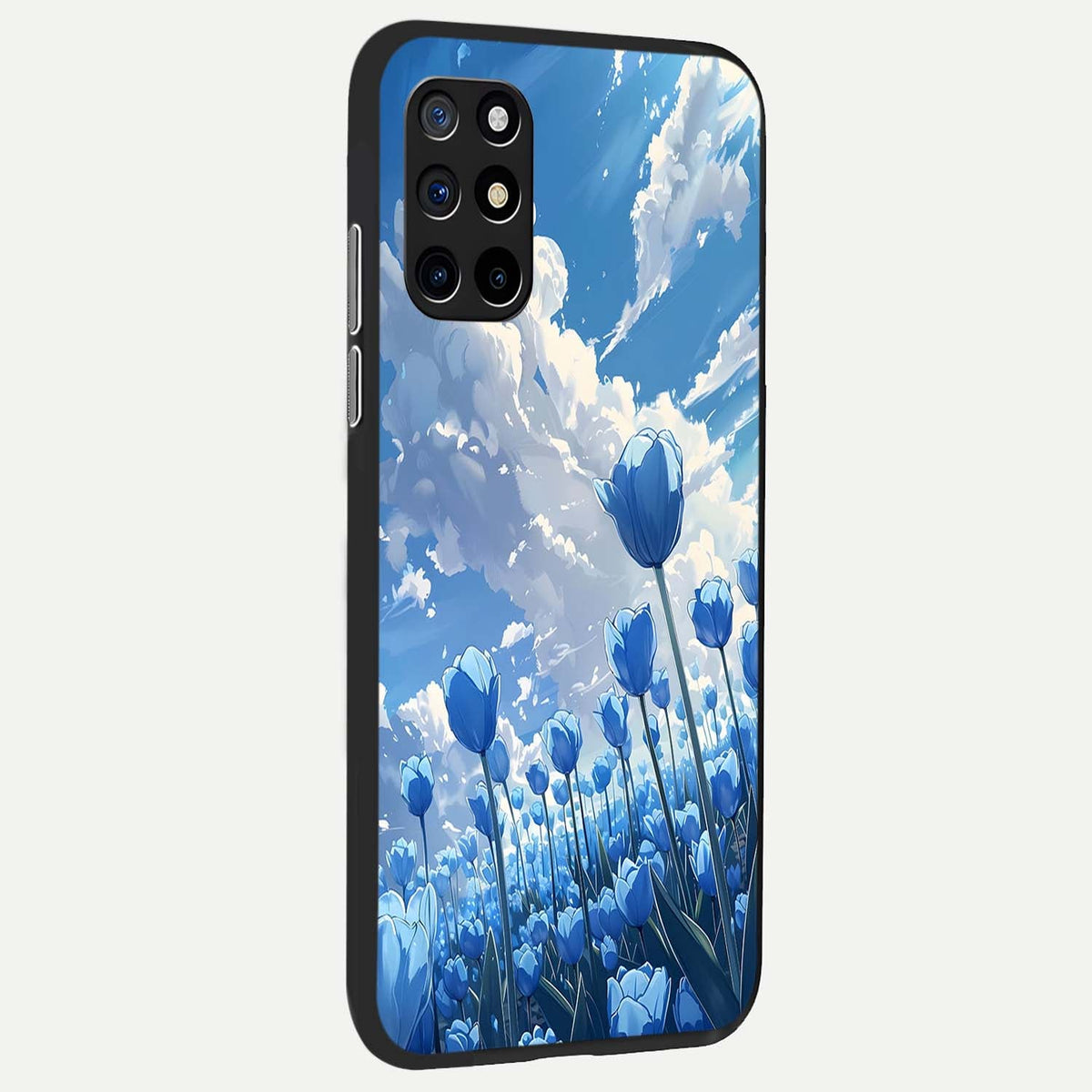  Blue Tulip Clouds back cover For OnePlus 8T slim fit glass case with vibrant aesthetic design