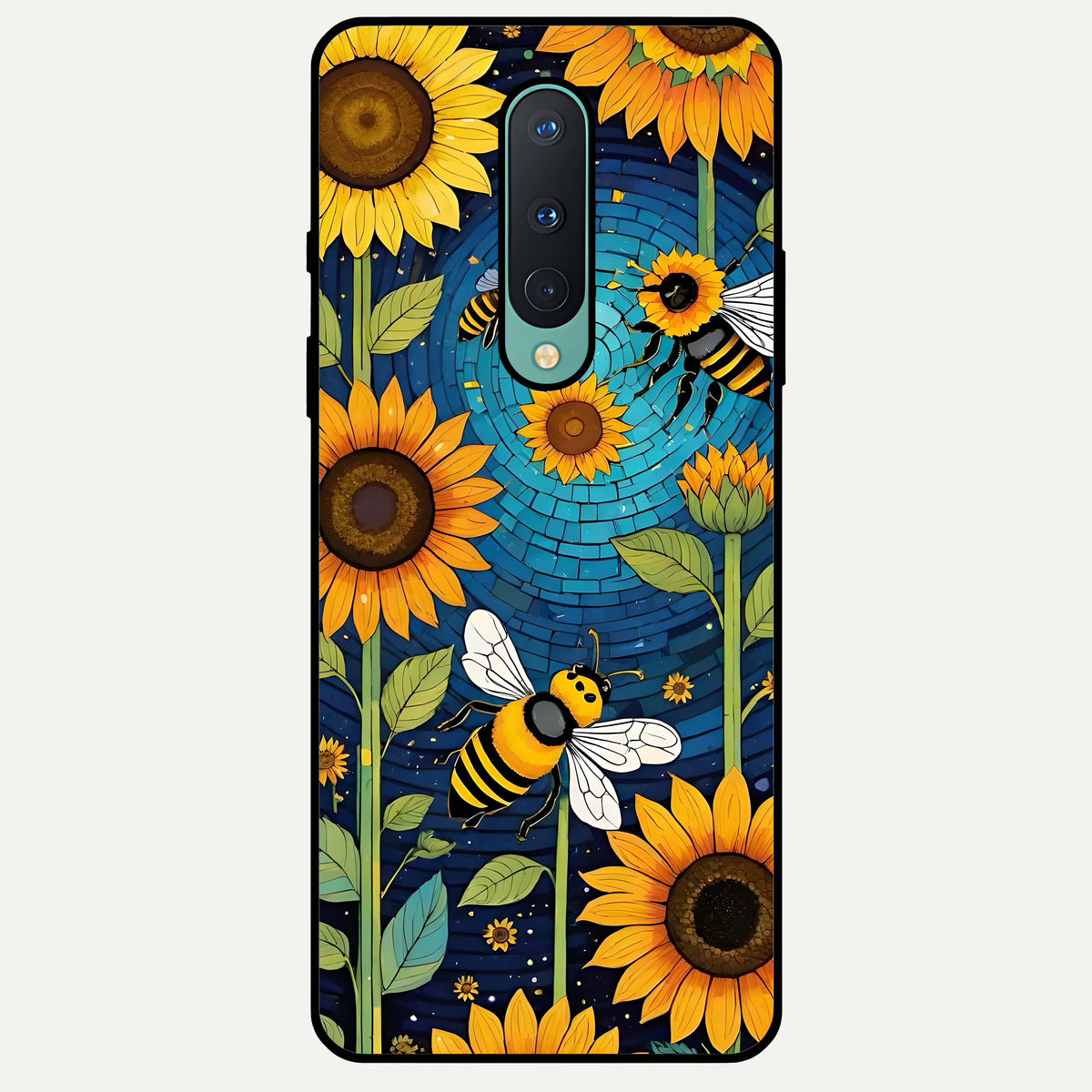  Bees And Sunflowers Glass Case For OnePlus 8 back cover – full design glossy printed glass finish
