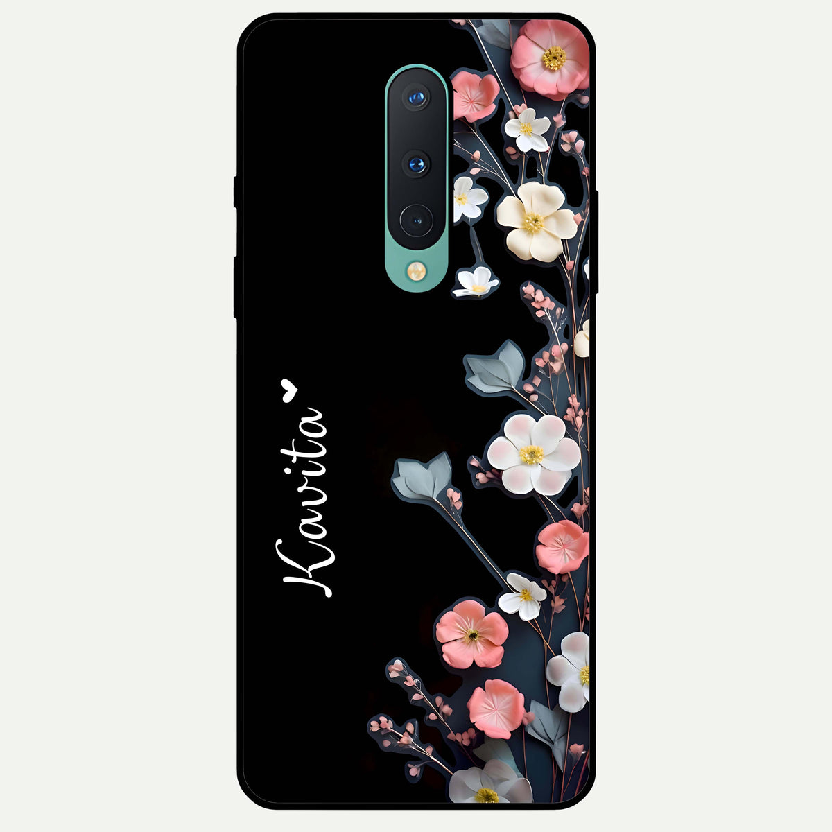  Black Elegance Floral Custom Name Glass Case For OnePlus 8 back cover – full design glossy printed glass finish