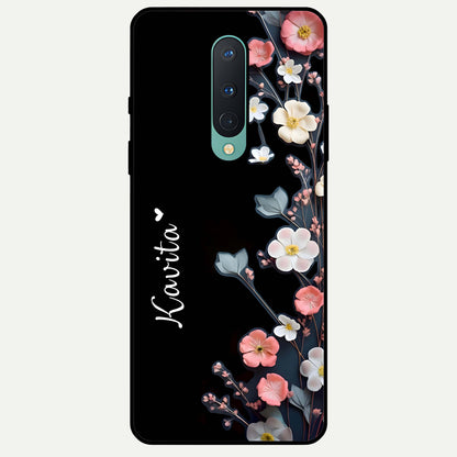  Black Elegance Floral Custom Name Glass Case For OnePlus 8 back cover – full design glossy printed glass finish