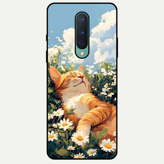  Cat And Flowers View Glass Case For OnePlus 8 back cover – full design glossy printed glass finish