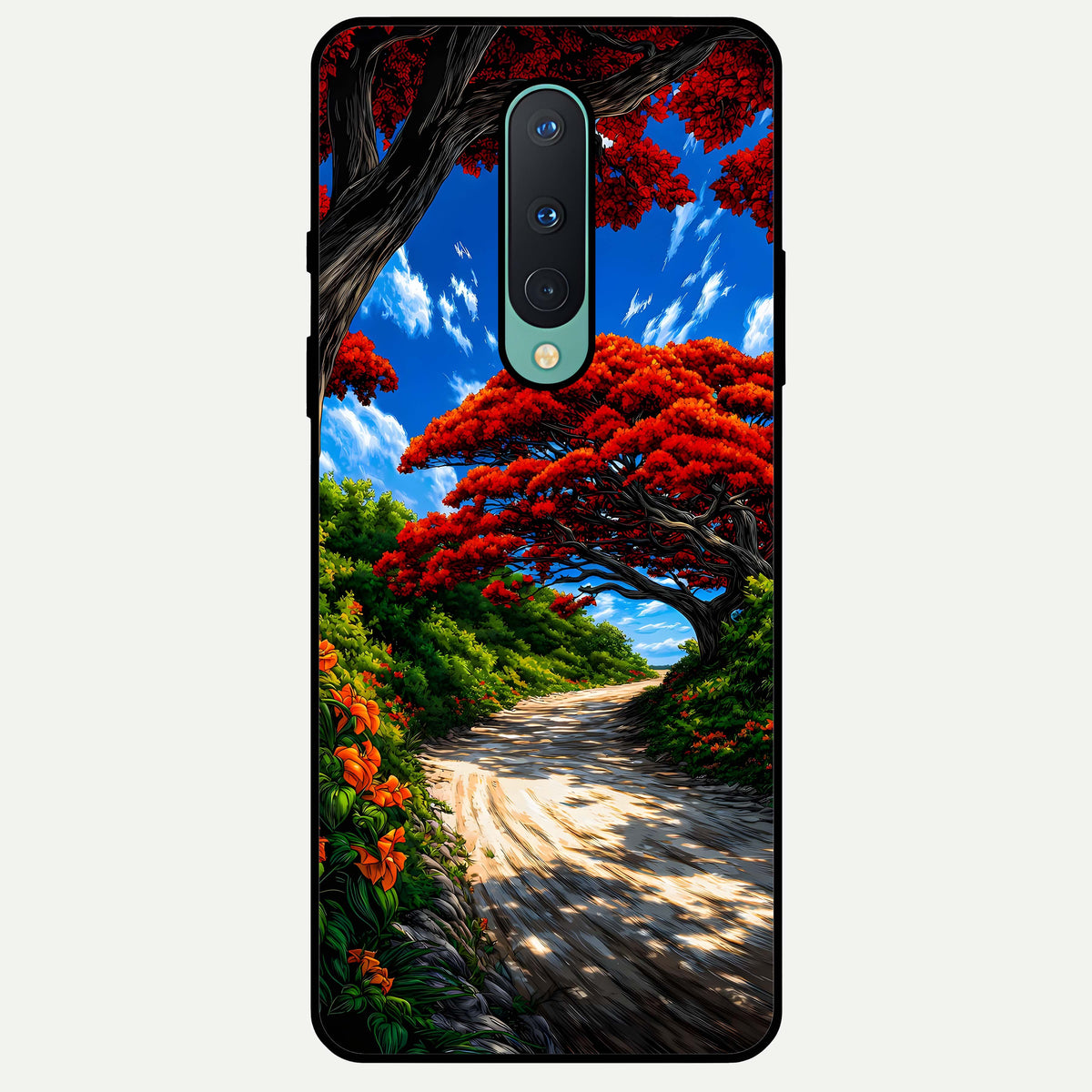  Red Trees Pathway Glass Case For OnePlus 8 back cover – full design glossy printed glass finish