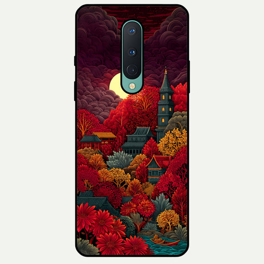  Scarlet Autumn Temple Glass Case For OnePlus 8 back cover – full design glossy printed glass finish