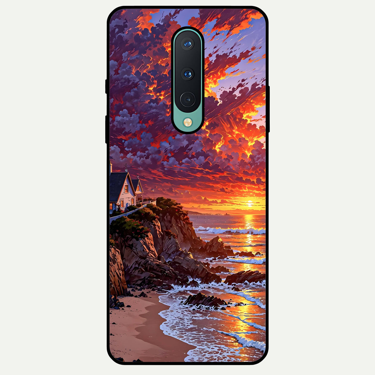  Sunset House By Sea Glass Case For OnePlus 8 back cover – full design glossy printed glass finish
