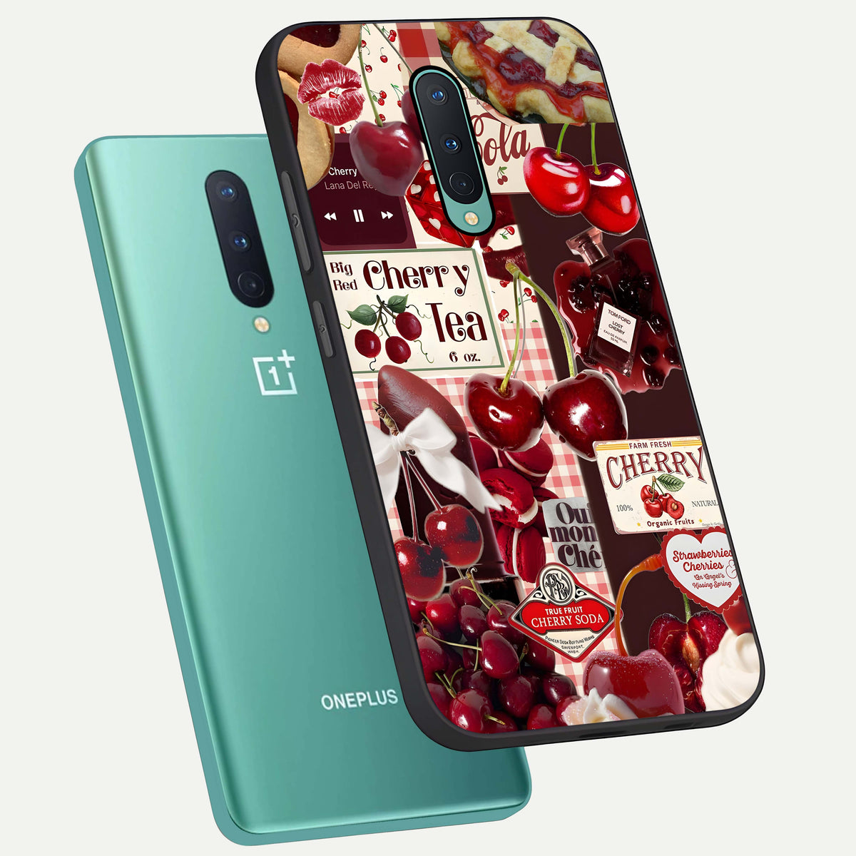  Aesthetic Cherry Tea phone case For OnePlus 8 showing premium glass back cover with detailed artwork