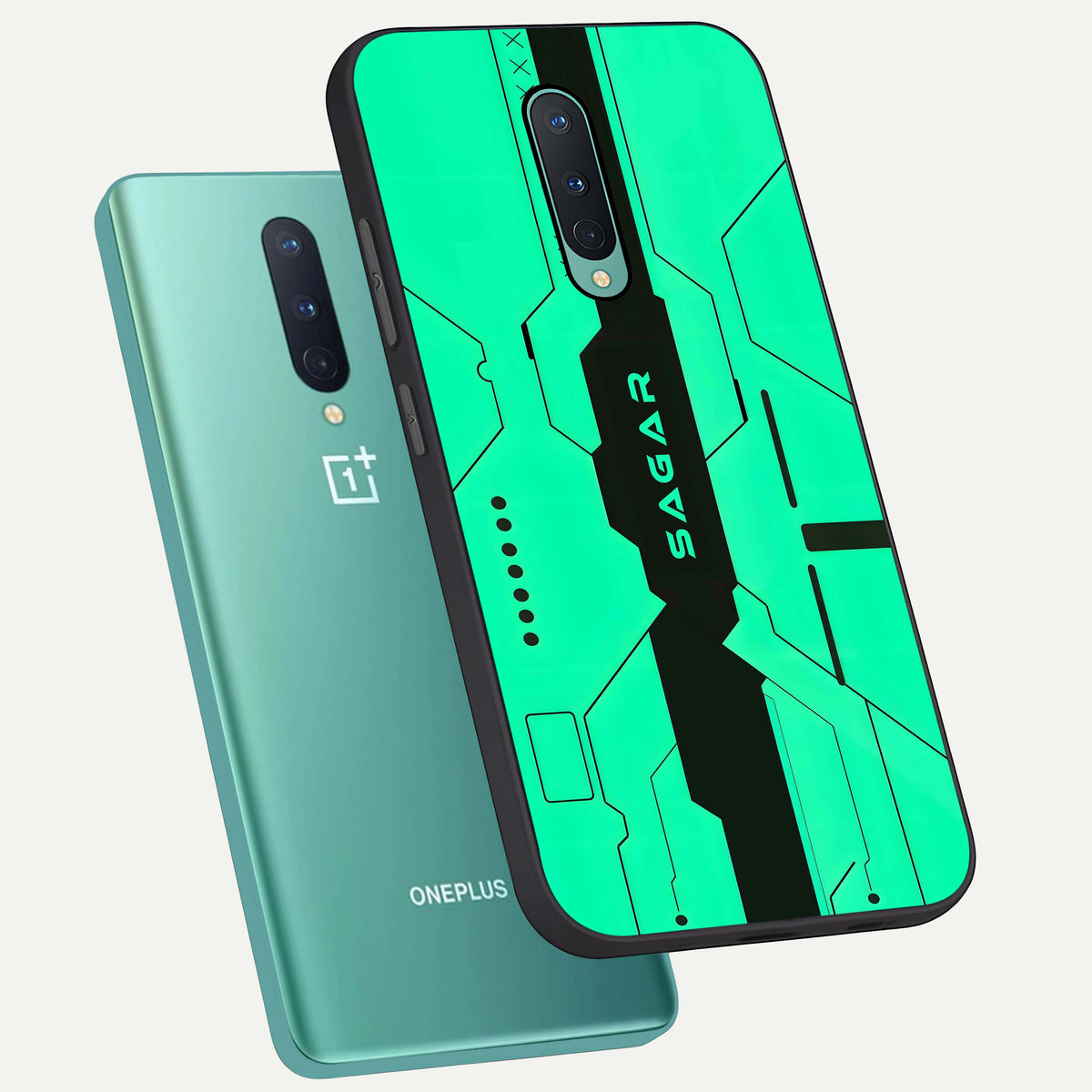  Aqua Tech CYBERPUNK Custom Name phone case For OnePlus 8 showing premium glass back cover with detailed artwork