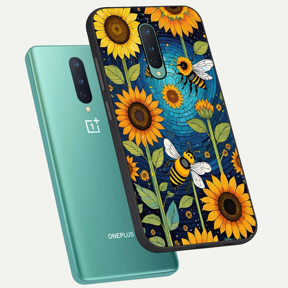  Bees And Sunflowers phone case For OnePlus 8 showing premium glass back cover with detailed artwork