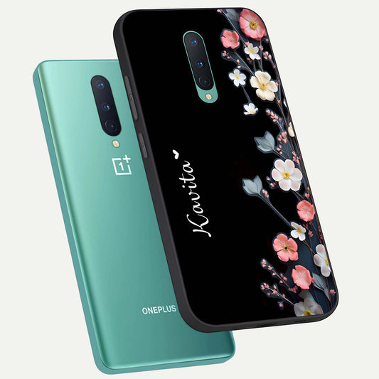  Black Elegance Floral Custom Name phone case For OnePlus 8 showing premium glass back cover with detailed artwork