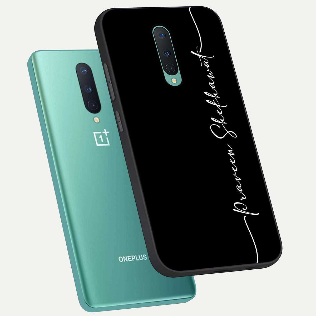  Black Tune Custom Name phone case For OnePlus 8 showing premium glass back cover with detailed artwork