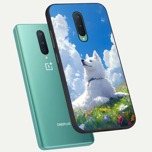  Blissful Cloud Pup phone case For OnePlus 8 showing premium glass back cover with detailed artwork