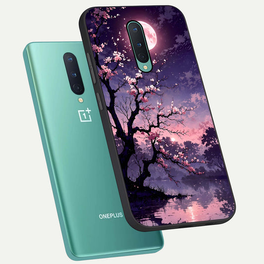  Blossom Pink Moon phone case For OnePlus 8 showing premium glass back cover with detailed artwork