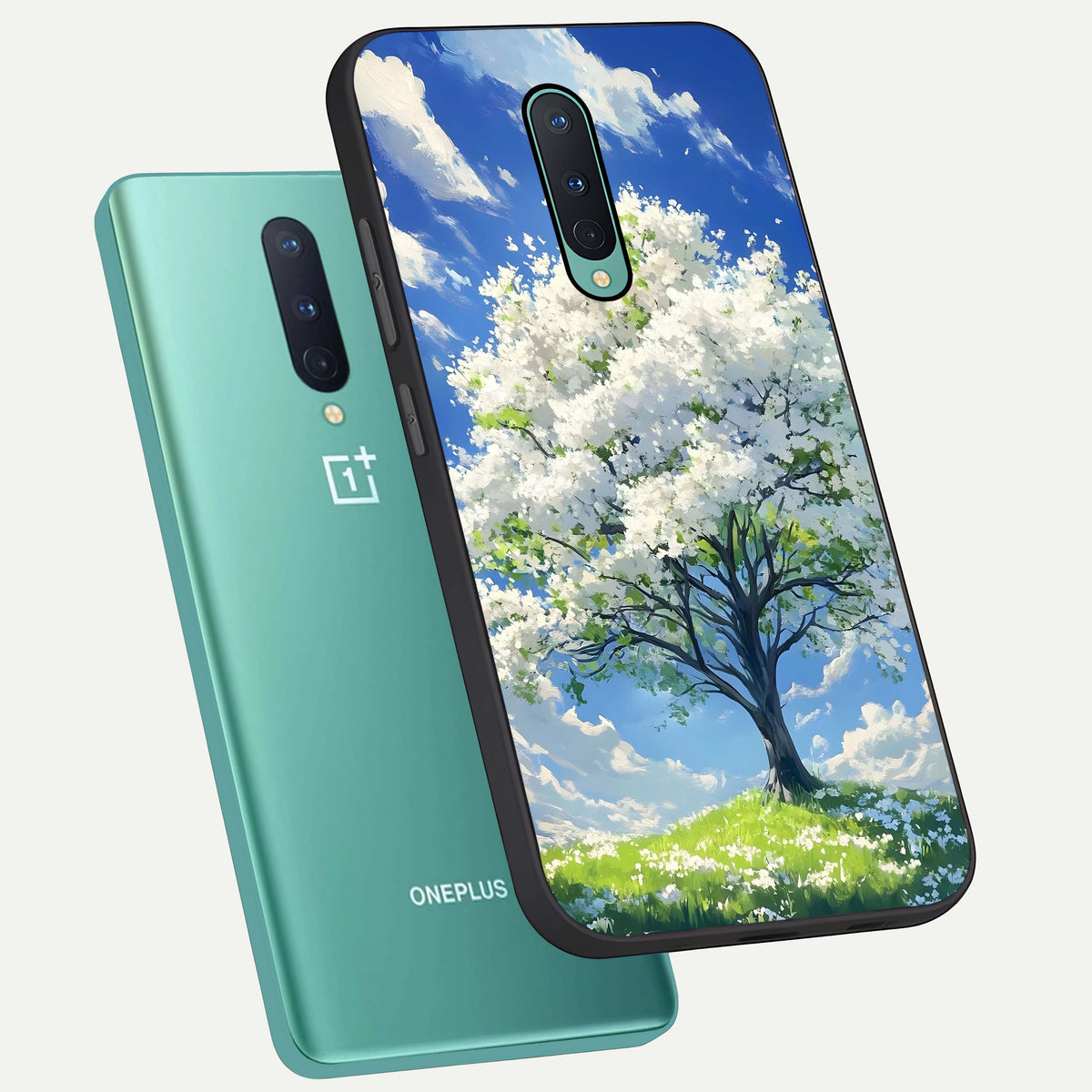 Blossom Sky Serenity phone case For OnePlus 8 showing premium glass back cover with detailed artwork