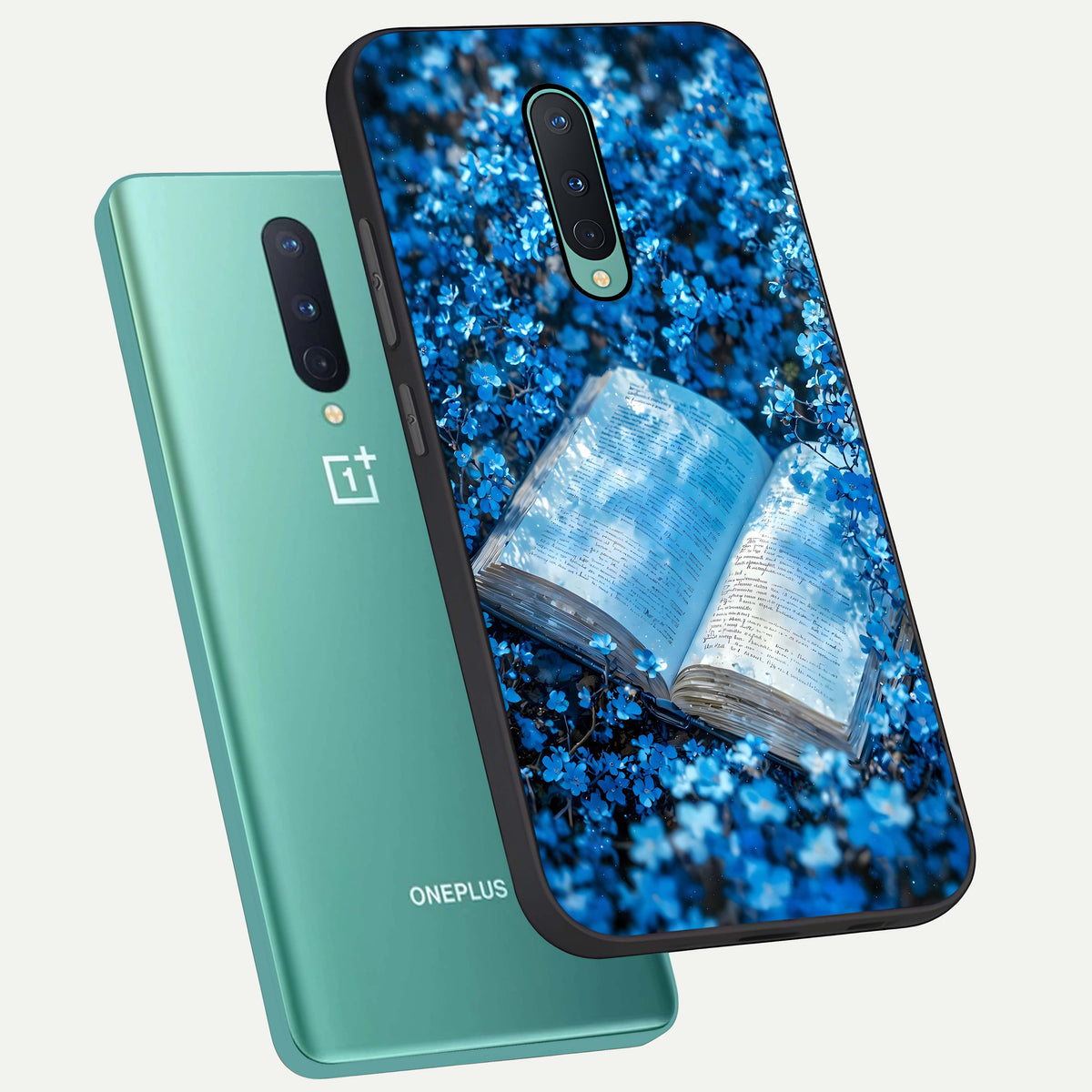  Blue Bloom Tales phone case For OnePlus 8 showing premium glass back cover with detailed artwork