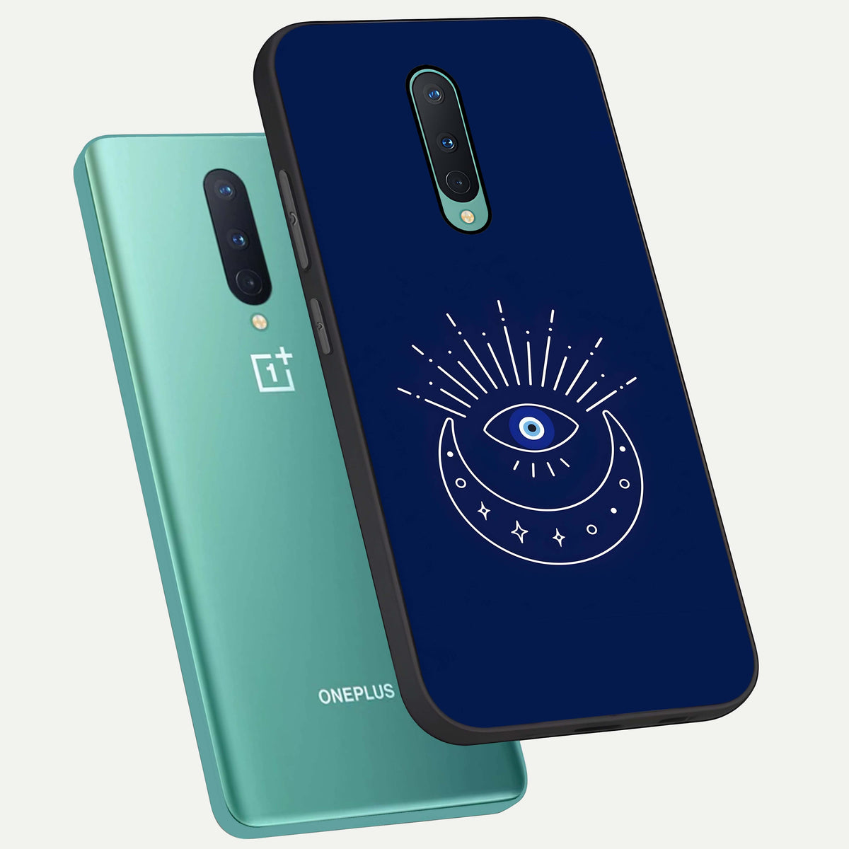  Blue Evil Eye phone case For OnePlus 8 showing premium glass back cover with detailed artwork