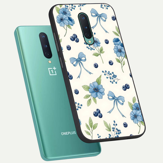  Blue Flower And Bow phone case For OnePlus 8 showing premium glass back cover with detailed artwork
