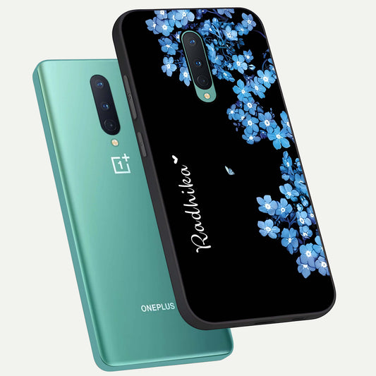  Blue Petal Dream Custom Name phone case For OnePlus 8 showing premium glass back cover with detailed artwork