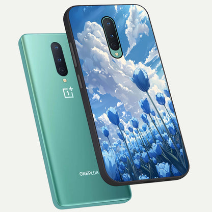  Blue Tulip Clouds phone case For OnePlus 8 showing premium glass back cover with detailed artwork