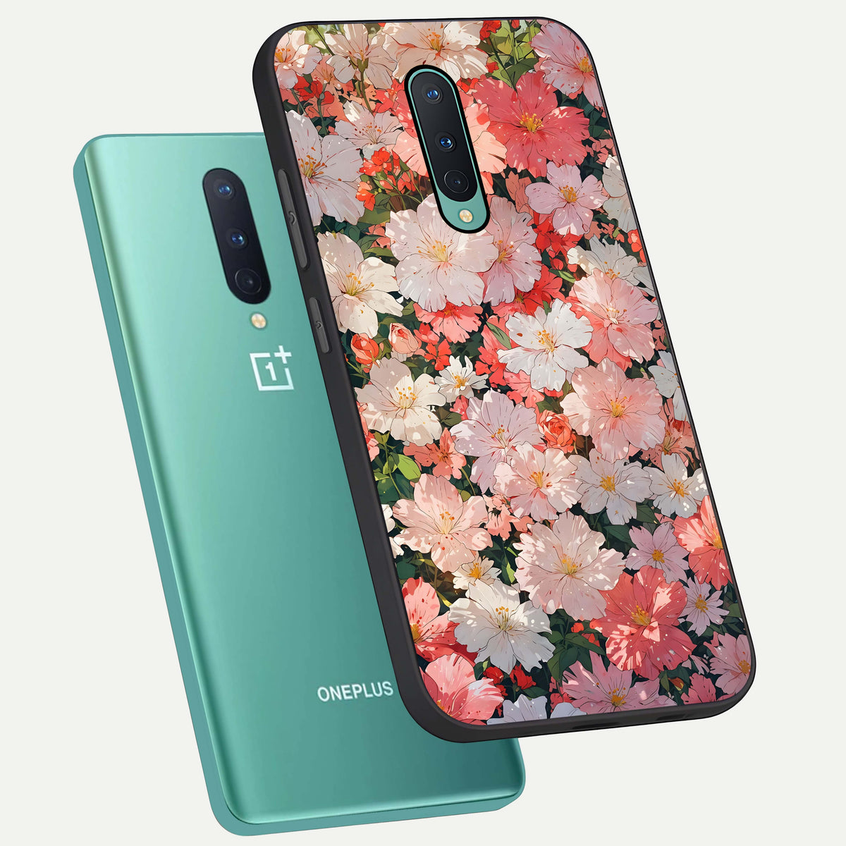  Blush Bloom Field phone case For OnePlus 8 showing premium glass back cover with detailed artwork