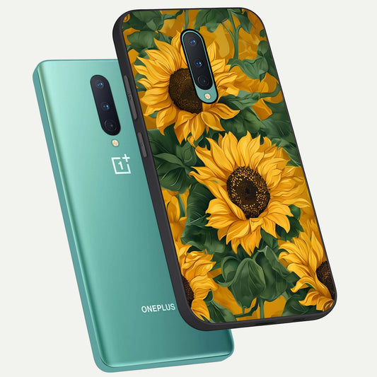  Bright Sunflower Bloom phone case For OnePlus 8 showing premium glass back cover with detailed artwork