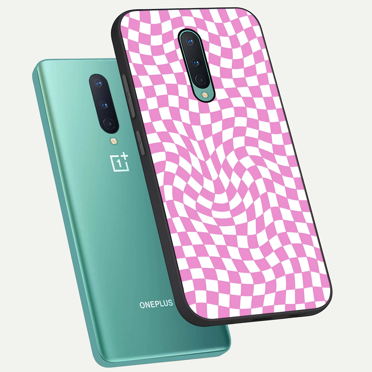  Bubblegum Check Wave phone case For OnePlus 8 showing premium glass back cover with detailed artwork