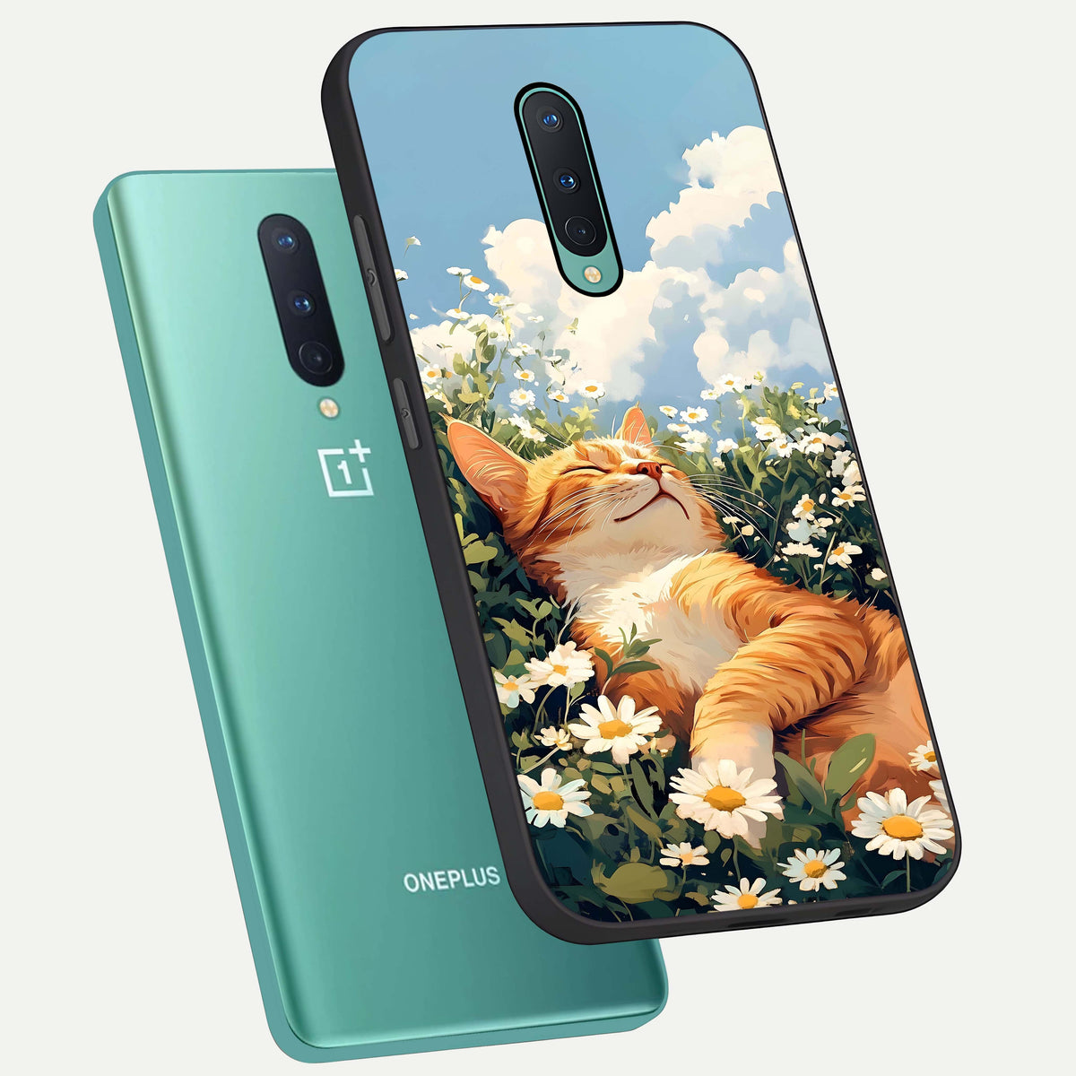  Cat And Flowers View phone case For OnePlus 8 showing premium glass back cover with detailed artwork