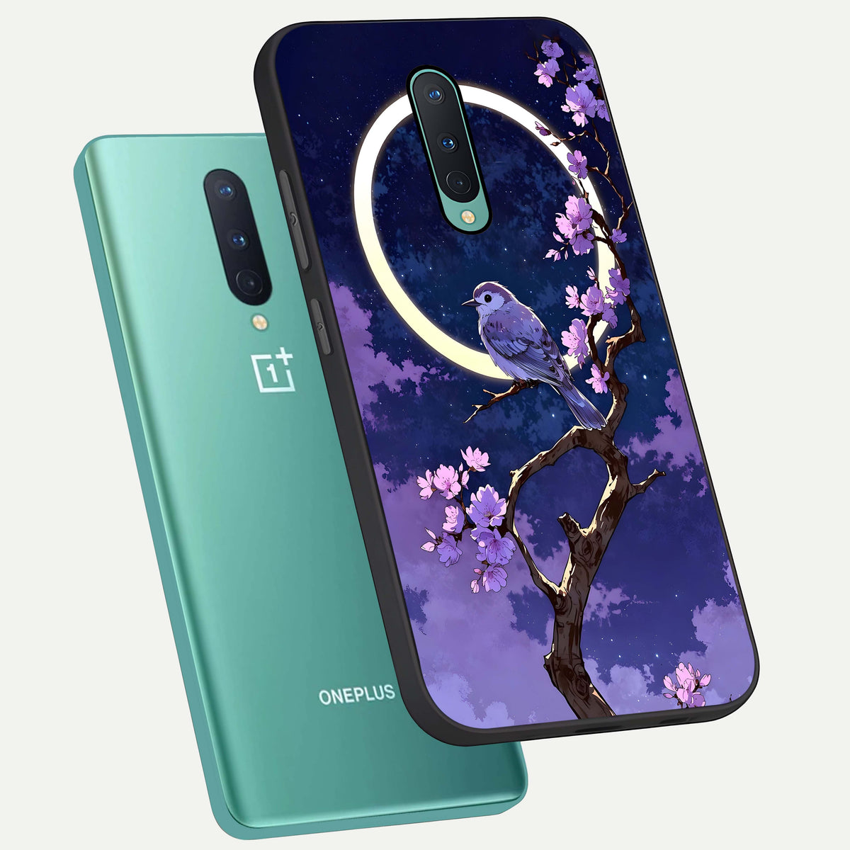  Celestial Bird Blossom phone case For OnePlus 8 showing premium glass back cover with detailed artwork