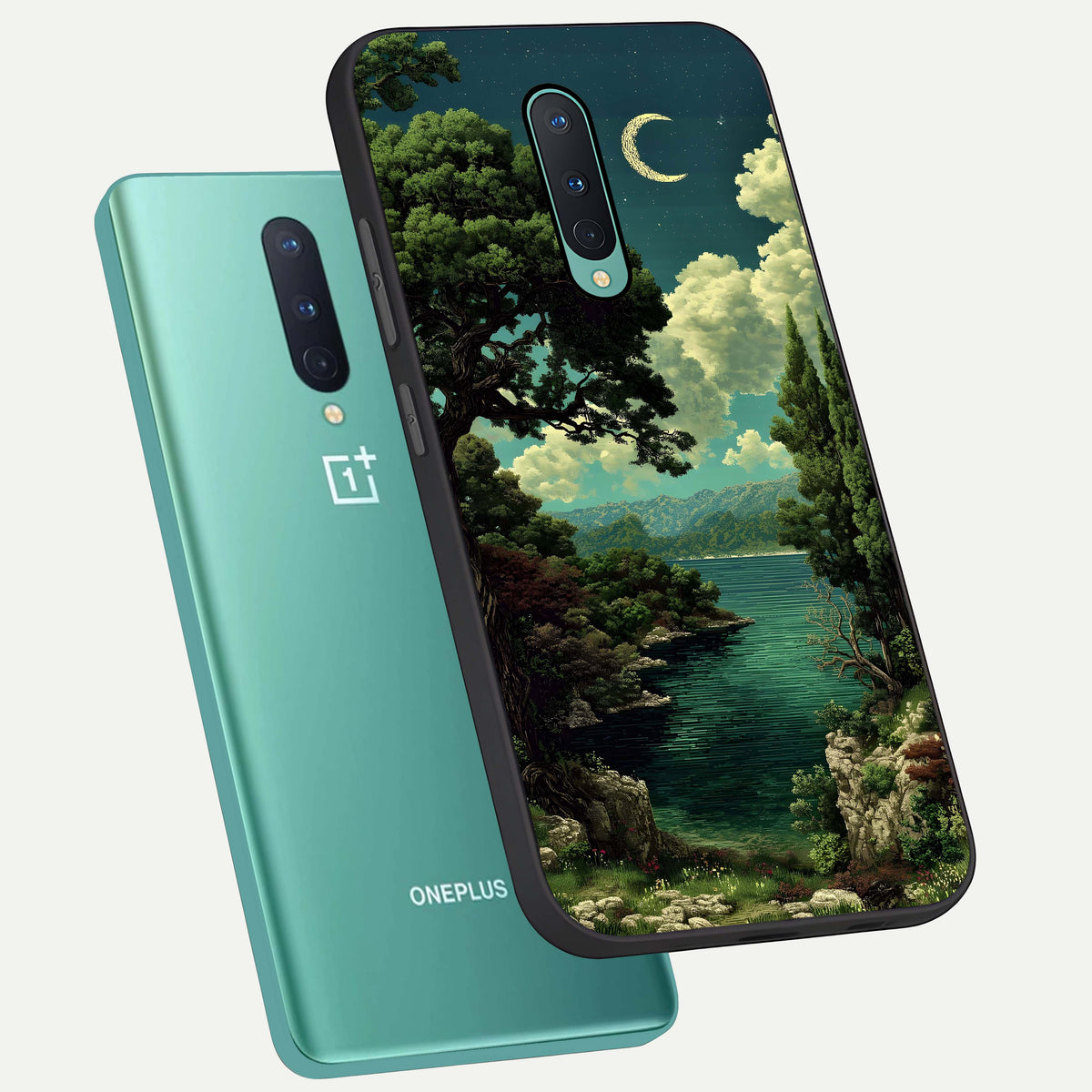  Celestial Lake Peace phone case For OnePlus 8 showing premium glass back cover with detailed artwork