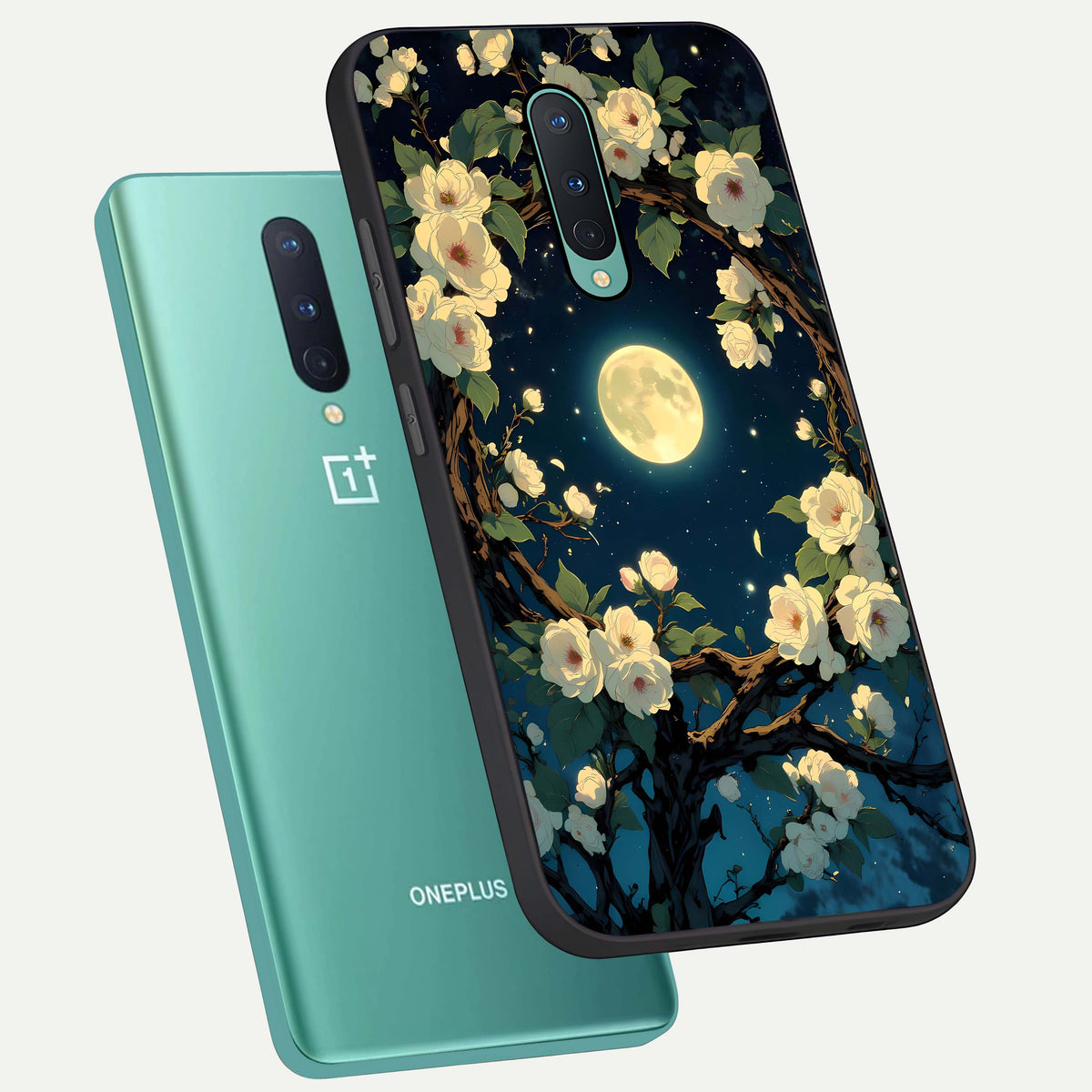  Celestial Moon And Flower phone case For OnePlus 8 showing premium glass back cover with detailed artwork