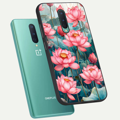  Celestial Pink Lotus phone case For OnePlus 8 showing premium glass back cover with detailed artwork
