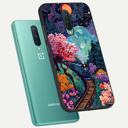  Celestial Train Journey phone case For OnePlus 8 showing premium glass back cover with detailed artwork