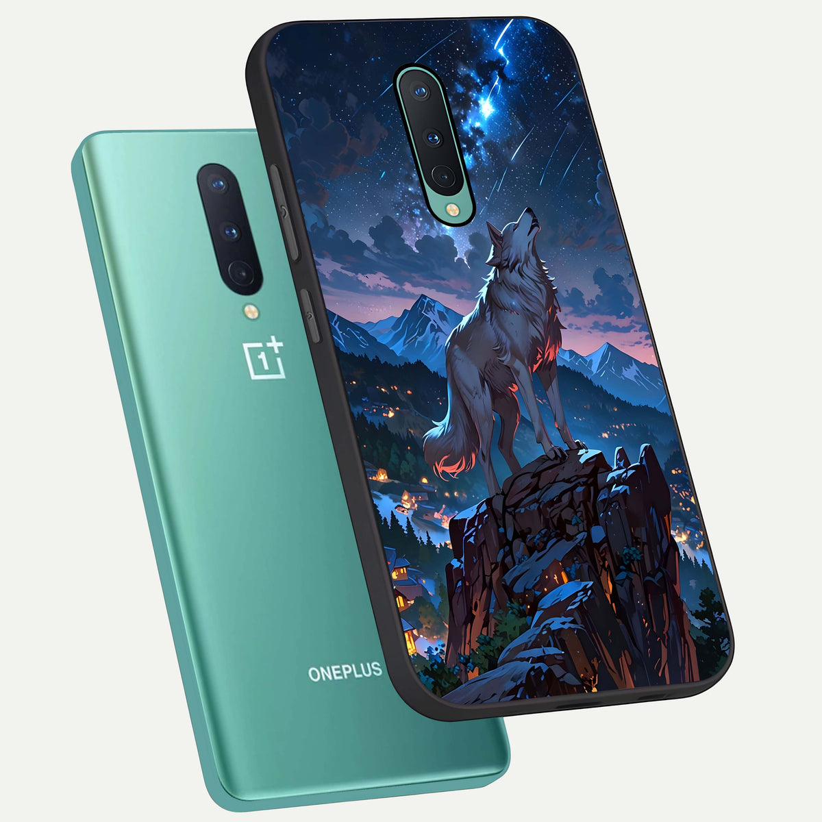  Celestial Wolf Howl phone case For OnePlus 8 showing premium glass back cover with detailed artwork