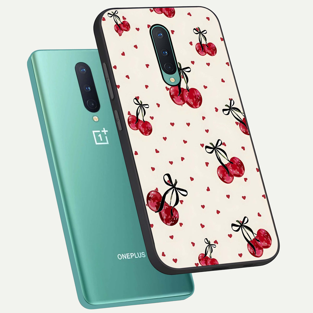  Cherry Heart Bow phone case For OnePlus 8 showing premium glass back cover with detailed artwork