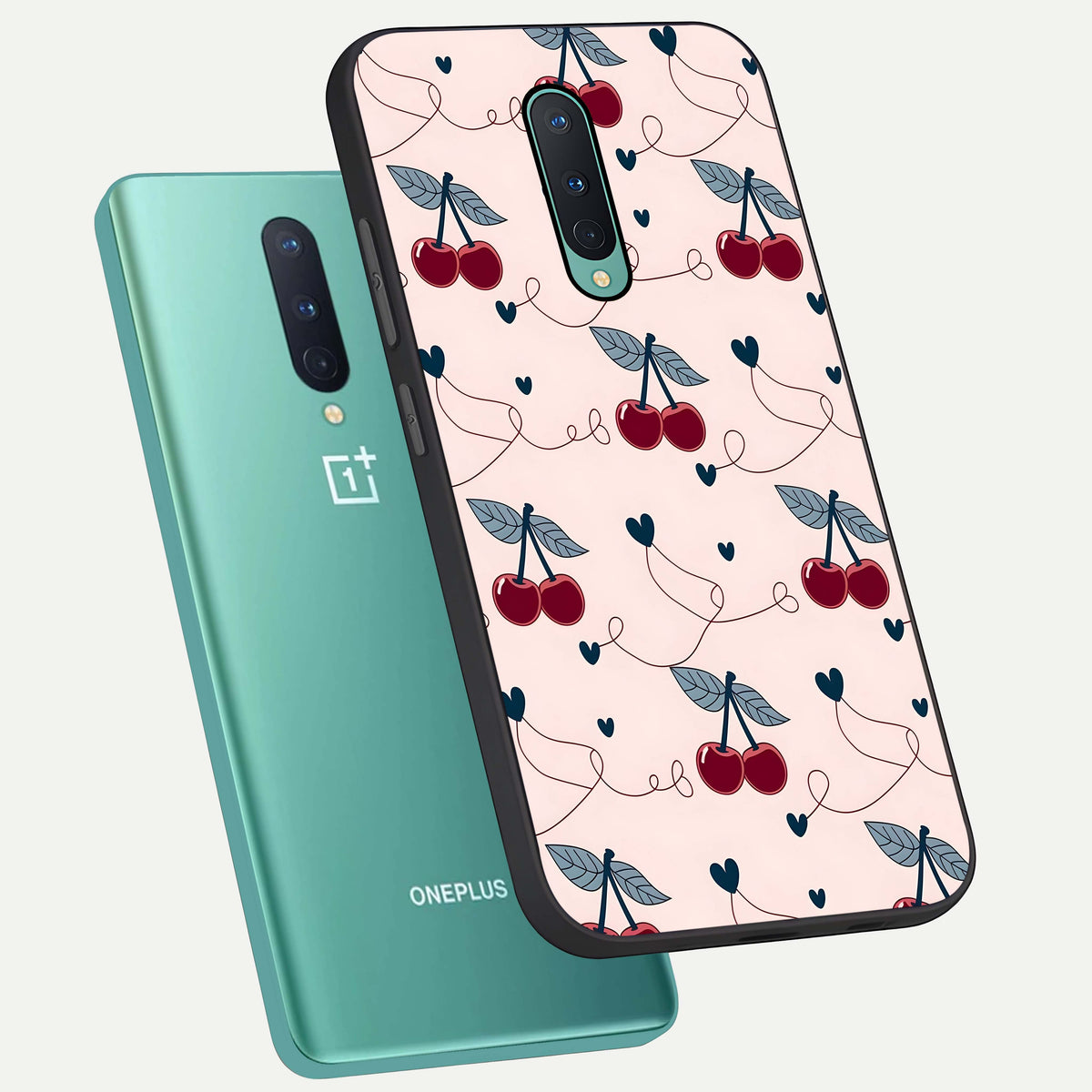  Cherry Heart Line phone case For OnePlus 8 showing premium glass back cover with detailed artwork