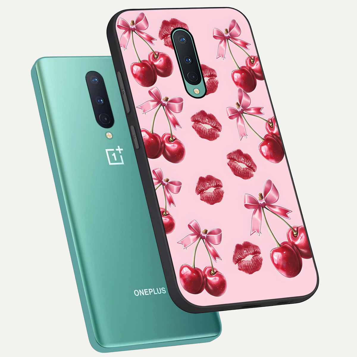  Cherry With Lips phone case For OnePlus 8 showing premium glass back cover with detailed artwork