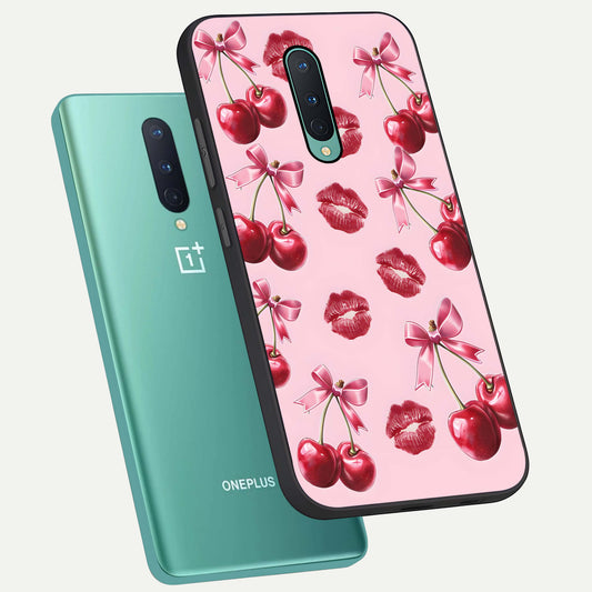  Cherry With Lips phone case For OnePlus 8 showing premium glass back cover with detailed artwork