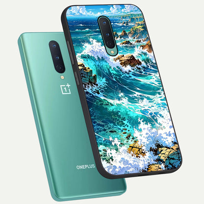  Coastal Blue Waves phone case For OnePlus 8 showing premium glass back cover with detailed artwork