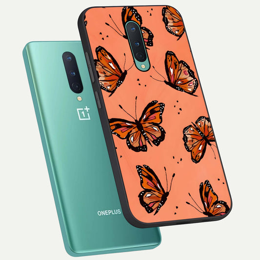  Coral Wing Butterfly phone case For OnePlus 8 showing premium glass back cover with detailed artwork