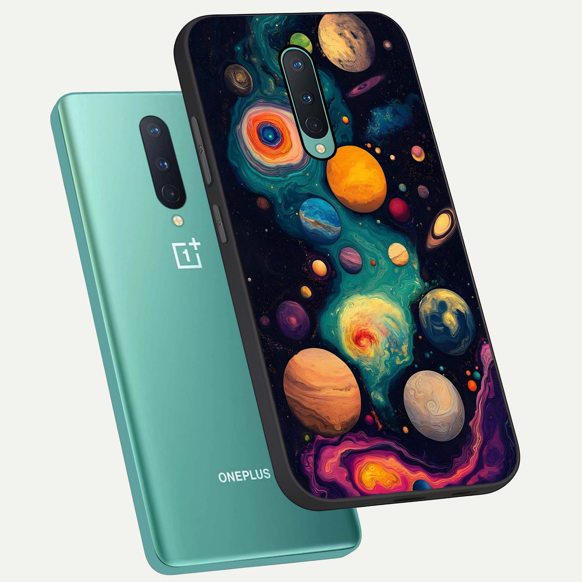  Cosmic Planet Journey phone case For OnePlus 8 showing premium glass back cover with detailed artwork