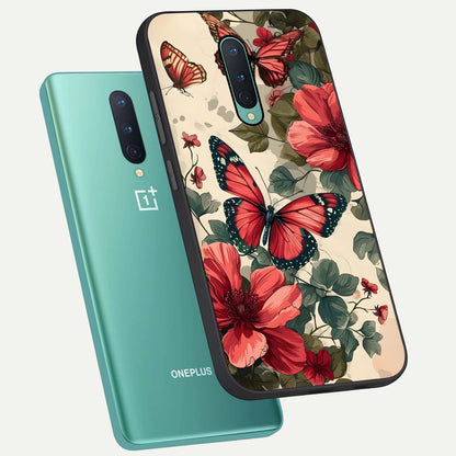  Crimson Butterfly Garden phone case For OnePlus 8 showing premium glass back cover with detailed artwork