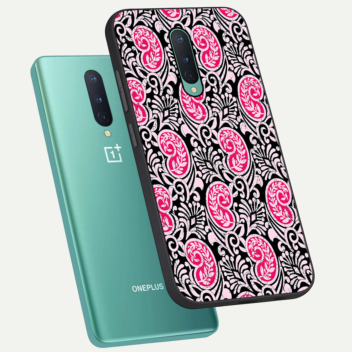  Crimson Paisley Charm phone case For OnePlus 8 showing premium glass back cover with detailed artwork