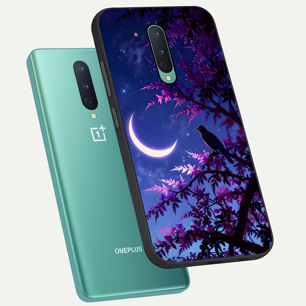  Crow And Moon Scenery phone case For OnePlus 8 showing premium glass back cover with detailed artwork
