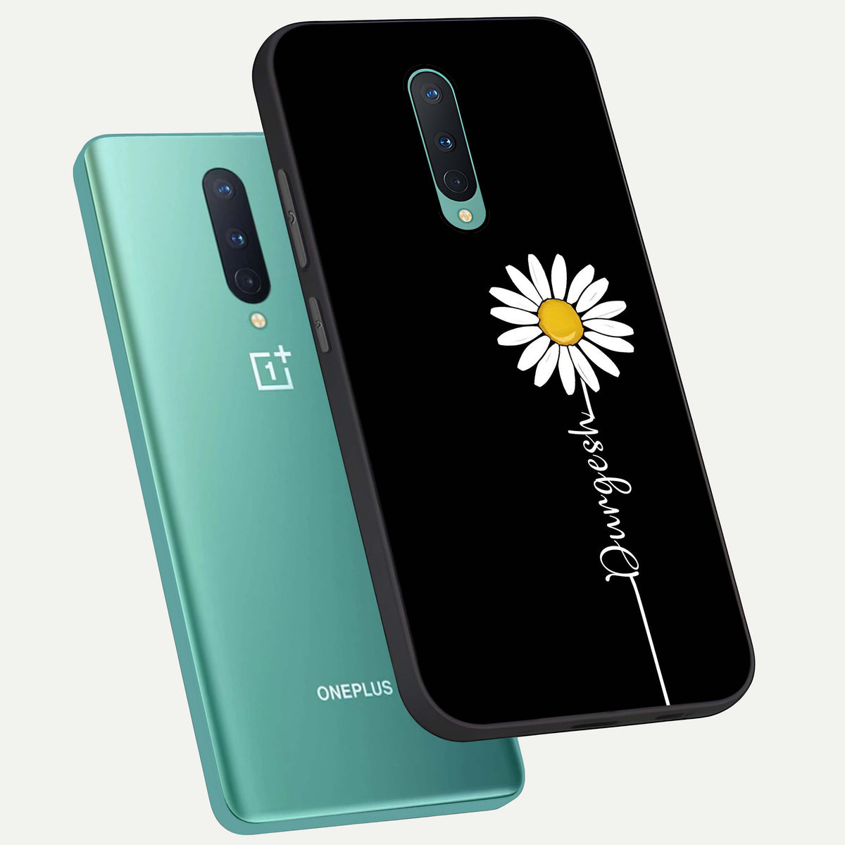  Custom Name White Flower phone case For OnePlus 8 showing premium glass back cover with detailed artwork